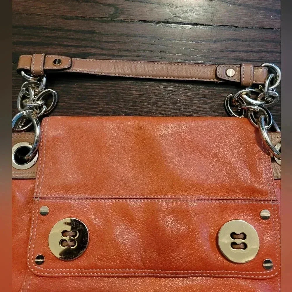 MILLY Orange tan soft leather gold chain link shoulder bag purse contemporary